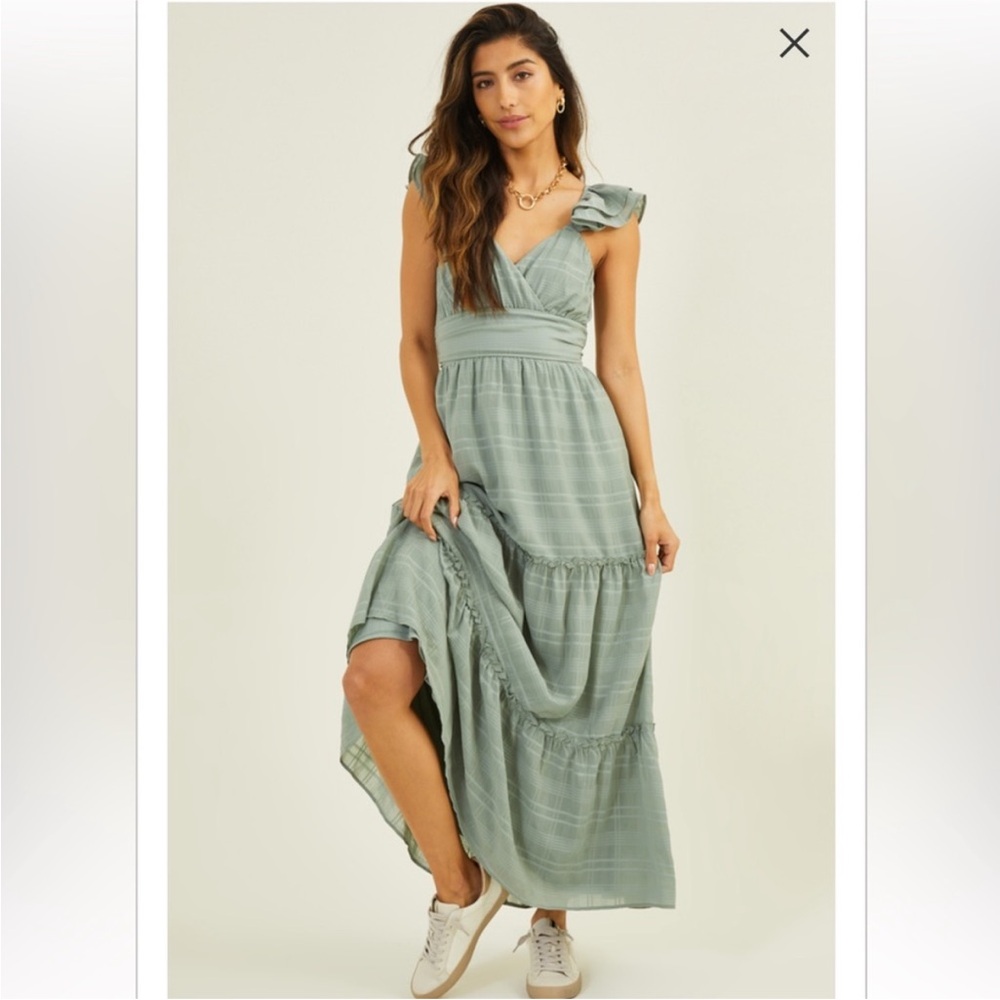 Anna Flutter Sleeve Sage Green Tiered Maxi Dress